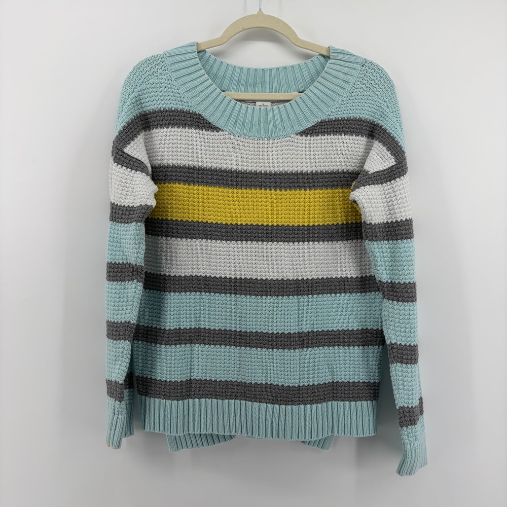 Liz Claiborne Women L‎ Sweater Blue Striped Cotton Knit Crew Neck Casual Coastal